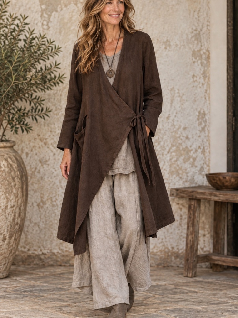 Bryn Walker 100% LINEN wrap coat/layering S laganlook chocolate brown minimalist